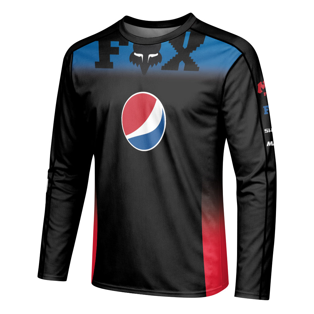 Pepsi Fox Black Blue Long Sleeve Mountain Bike Jersey - left side mockup