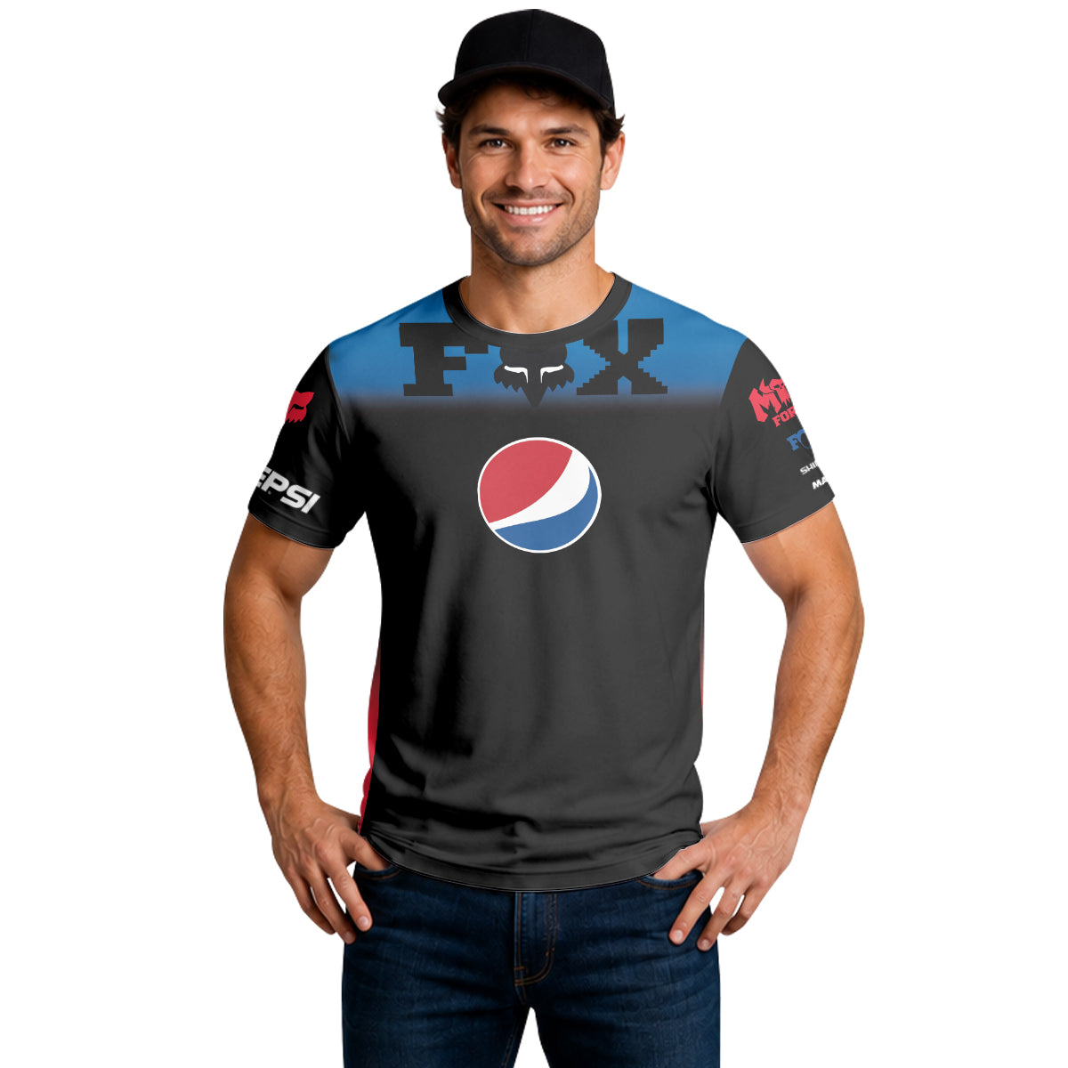 Pepsi Fox Black Blue Short Sleeve Mountain Bike Jersey - lifestyle view