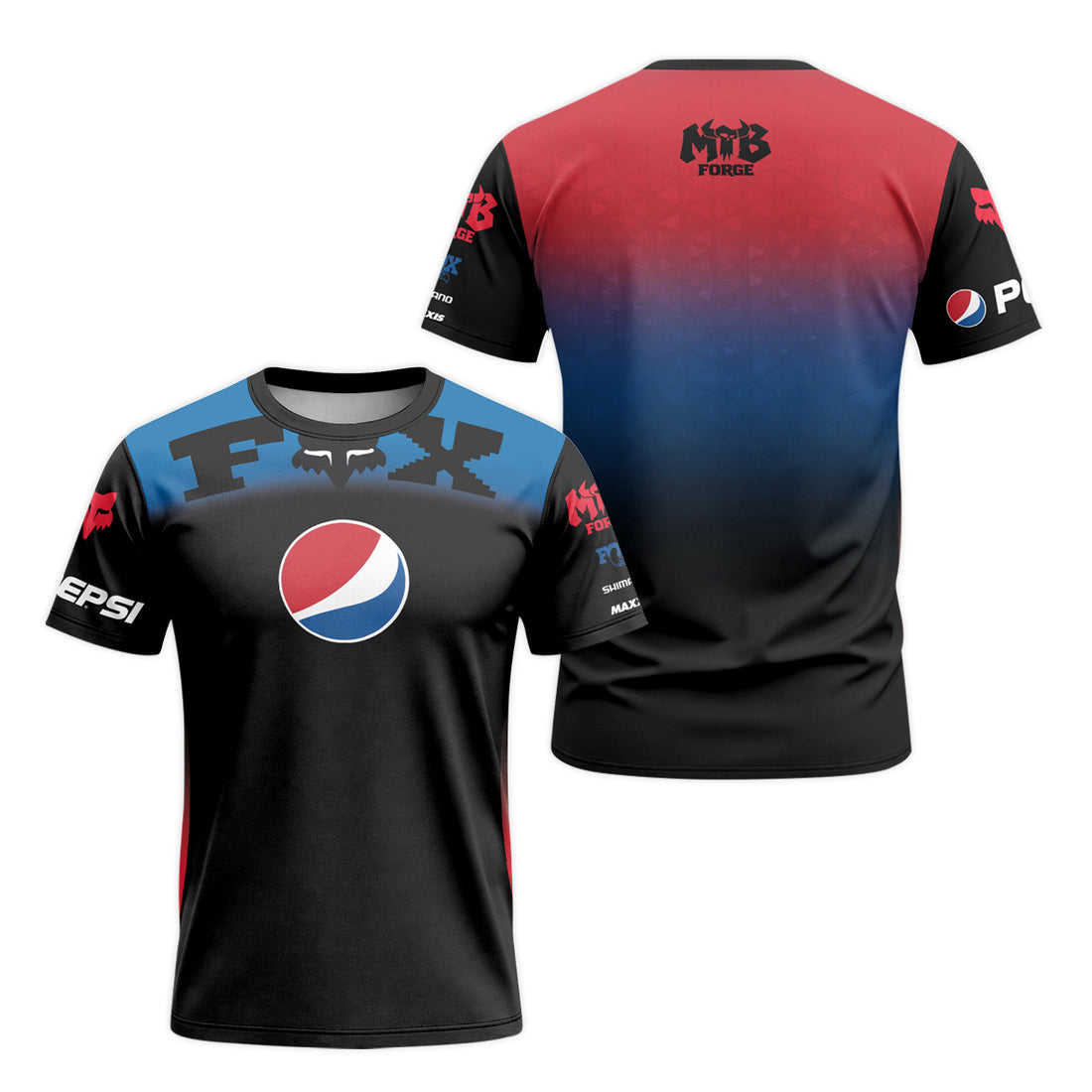 Pepsi Fox Black Blue Short Sleeve Mountain Bike Jersey - front and back view