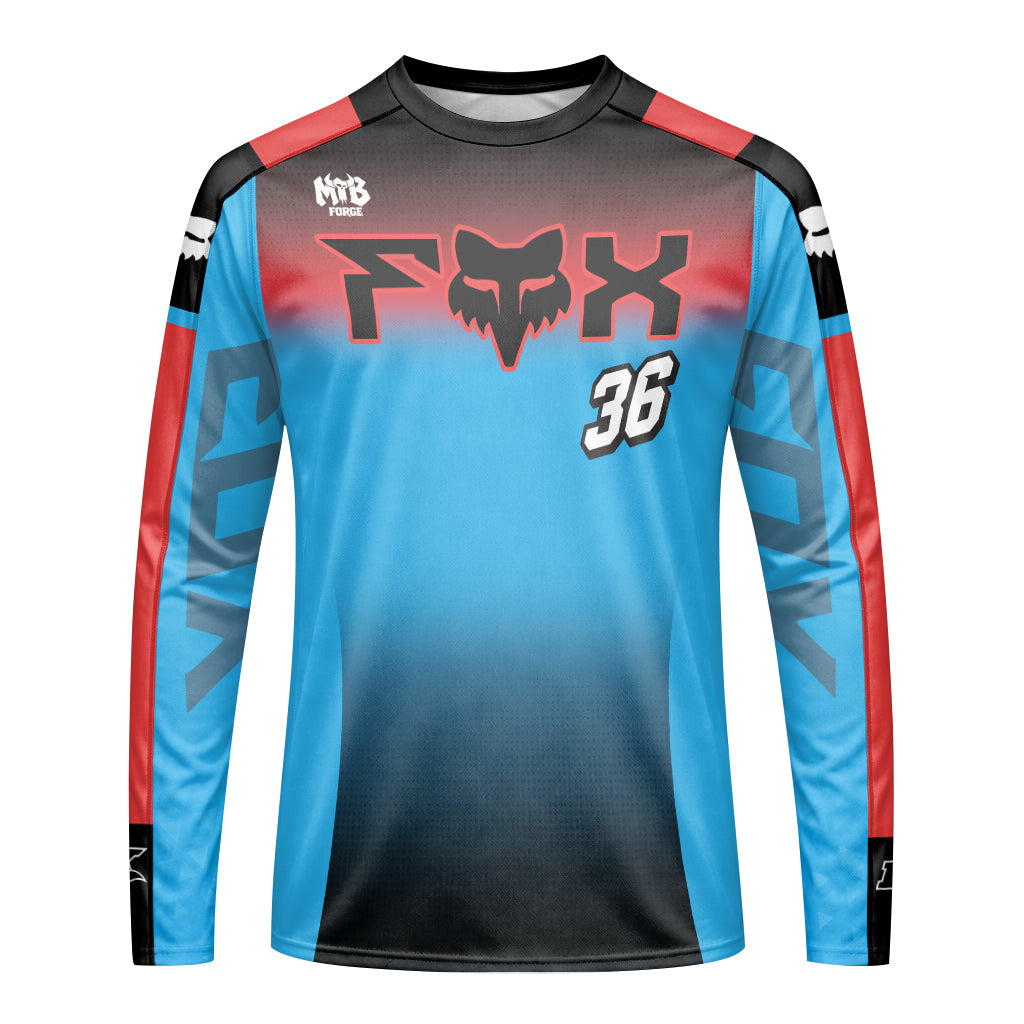 Personalized Fox 36 Blue Red Long Sleeve Mountain Bike Jersey - front view mockup