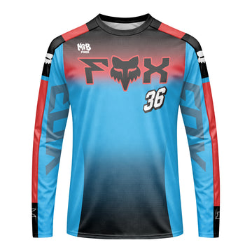 Personalized Fox 36 Blue Red Long Sleeve Mountain Bike Jersey - front view mockup