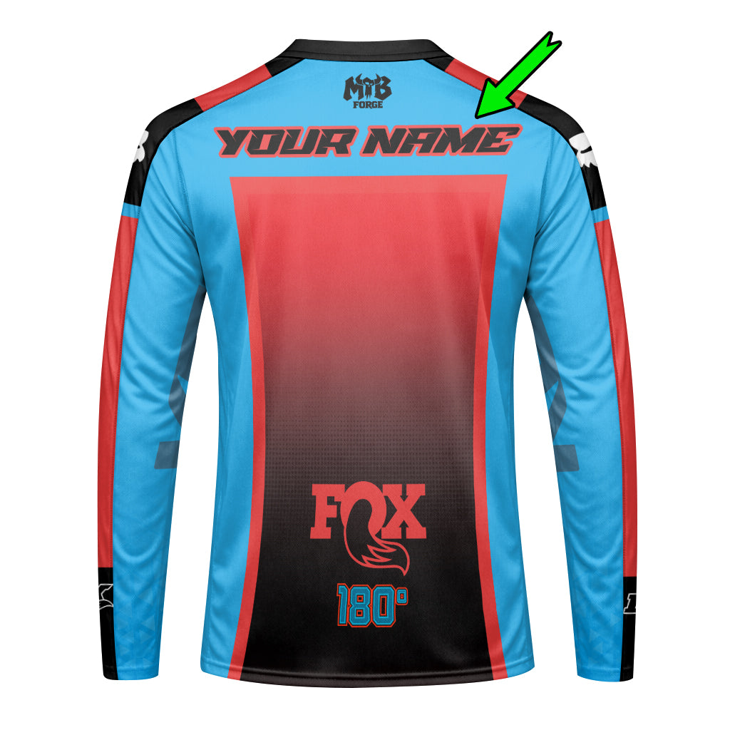 Personalized Fox 36 Blue Red Long Sleeve Mountain Bike Jersey - front view mockup
