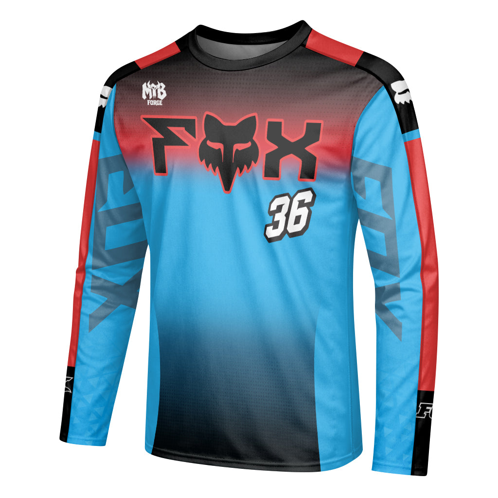 Personalized Fox 36 Blue Red Long Sleeve Mountain Bike Jersey - left side mockup