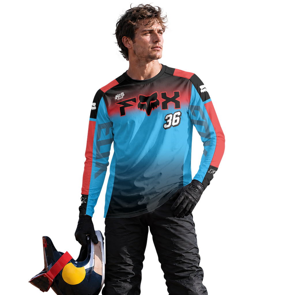 Personalized Fox 36 Blue Red Long Sleeve Mountain Bike Jersey - lifestyle view