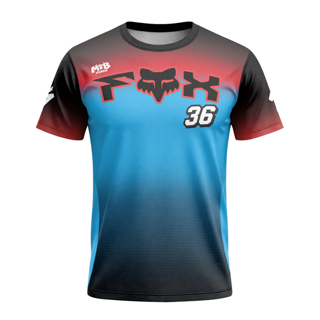 Personalized Fox 36 Blue Red Short Sleeve Mountain Bike Jersey - front and back view