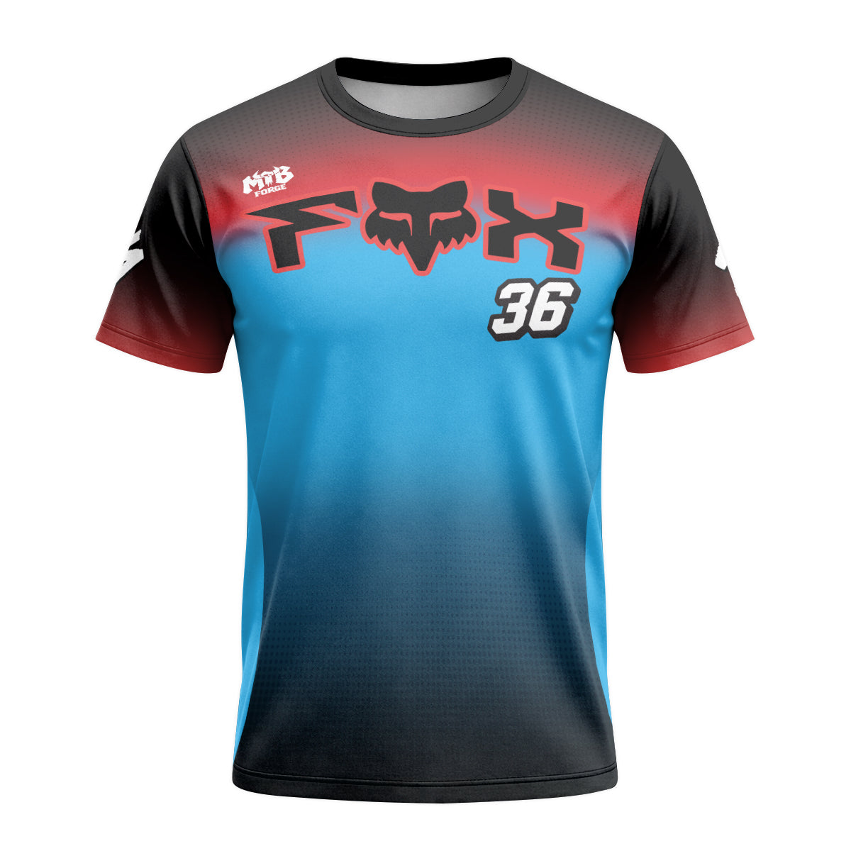 Personalized Fox 36 Blue Red Short Sleeve Mountain Bike Jersey - front view mockup