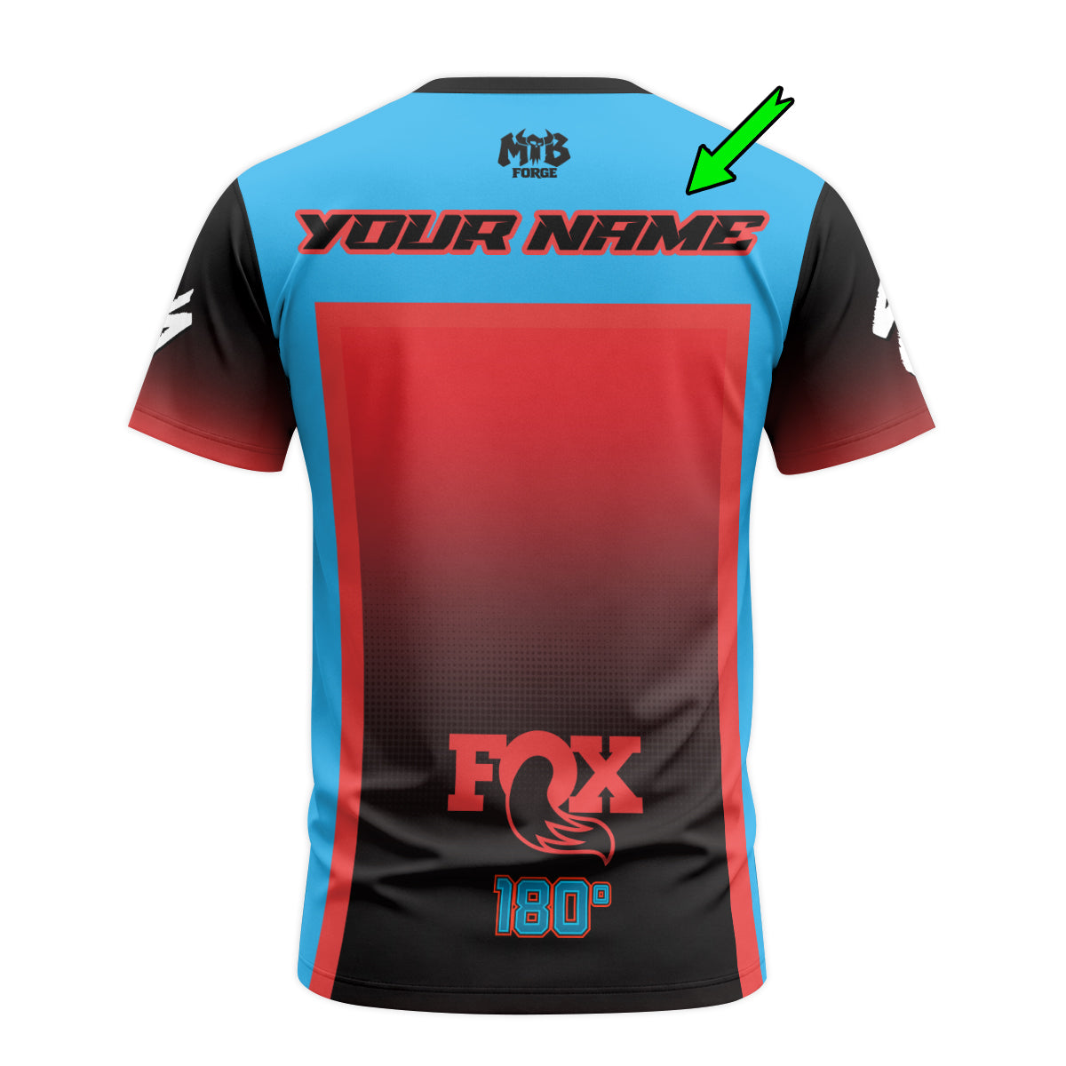 Personalized Fox 36 Blue Red Short Sleeve Mountain Bike Jersey - back view mockup