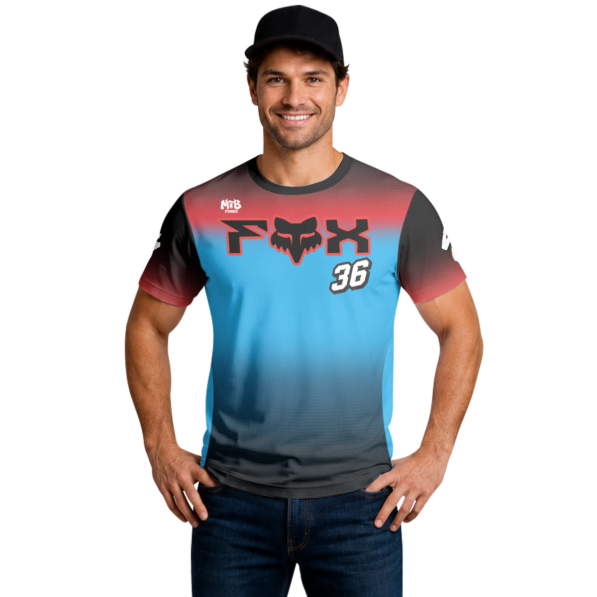 Personalized Fox 36 Blue Red Short Sleeve Mountain Bike Jersey - lifestyle view