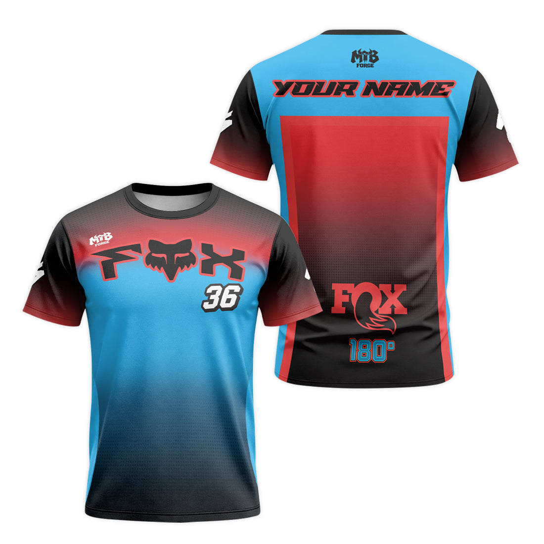 Personalized Fox 36 Blue Red Short Sleeve Mountain Bike Jersey - front and back view