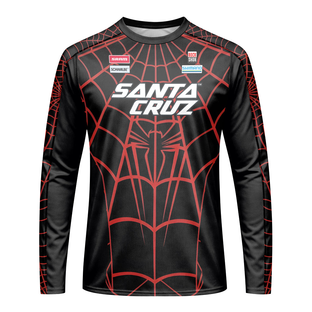 Personalized Santa Cruz Spider Web Black Red Long Sleeve Mountain Bike Jersey – Front View Mockup
