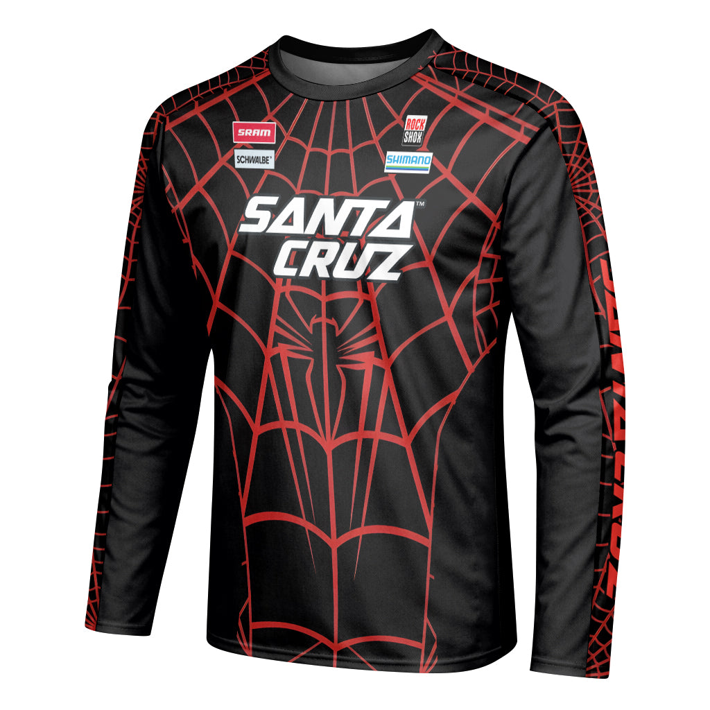 Personalized Santa Cruz Spider Web Black Red Long Sleeve Mountain Bike Jersey – Left Side View Mockup