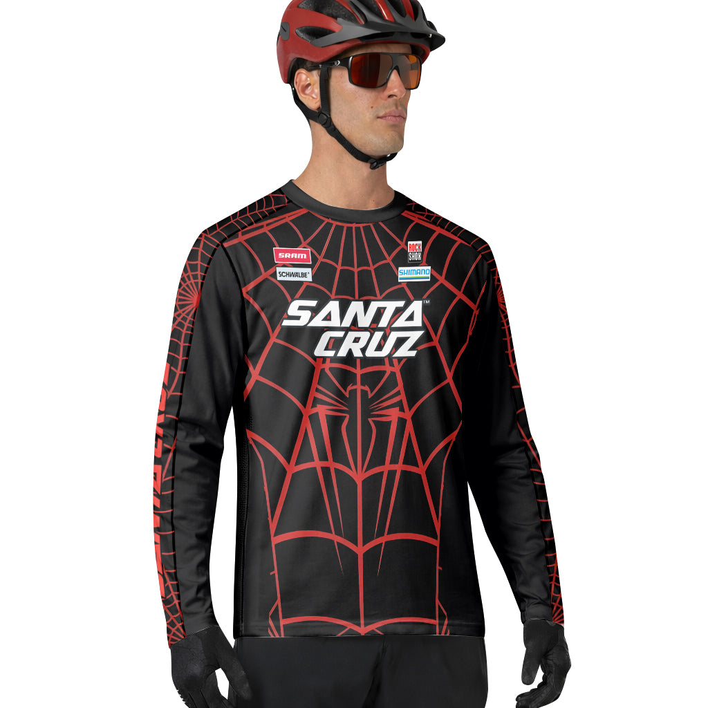 Personalized Santa Cruz Spider Web Black Red Long Sleeve Mountain Bike Jersey – Lifestyle View