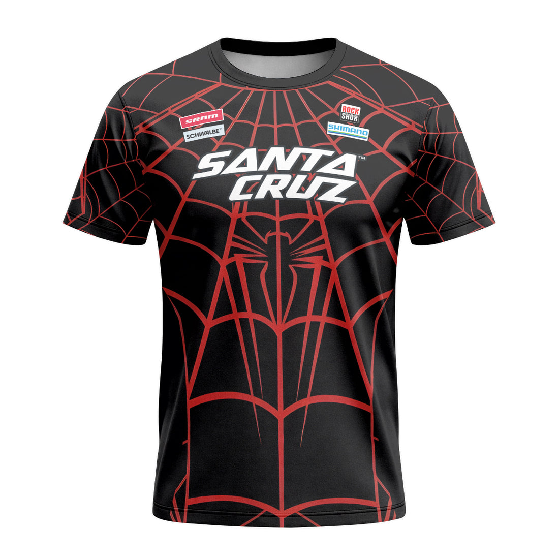 Personalized Santa Cruz Spider Web Black Red Short Sleeve Mountain Bike Jersey – Front and Back View