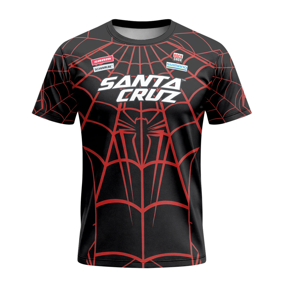 Personalized Santa Cruz Spider Web Black Red Short Sleeve Mountain Bike Jersey – Front View Mockup