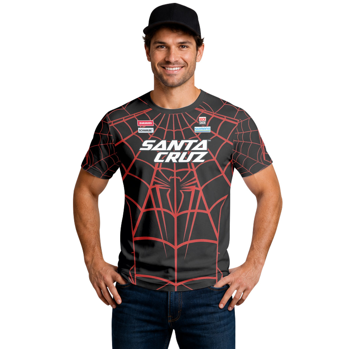 Personalized Santa Cruz Spider Web Black Red Short Sleeve Mountain Bike Jersey – Lifestyle View