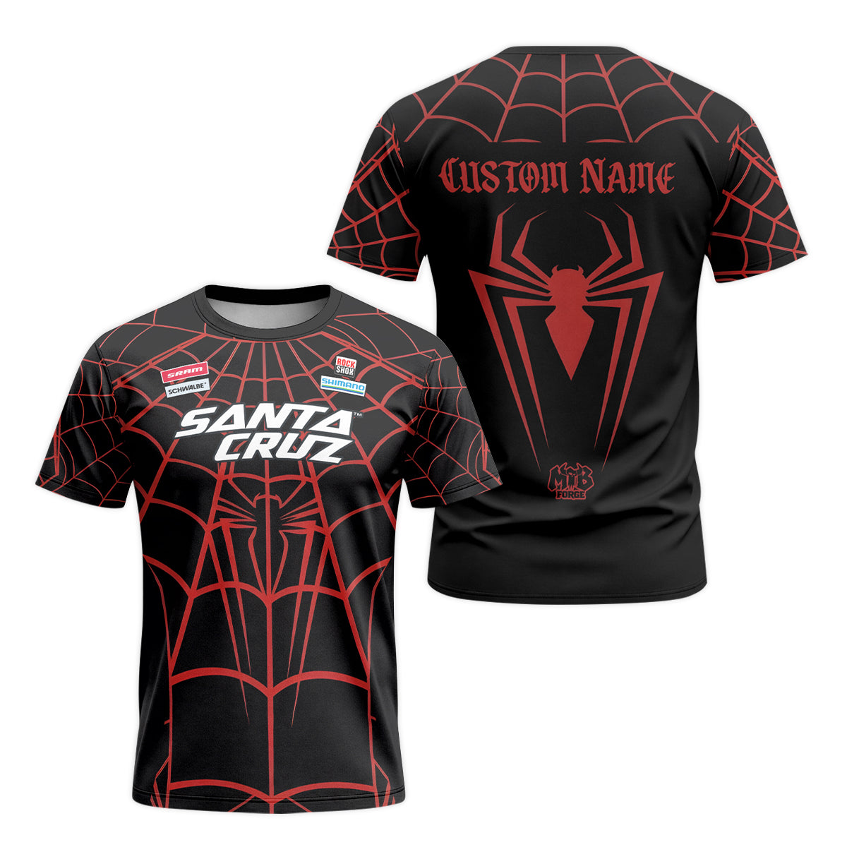 Personalized Santa Cruz Spider Web Black Red Short Sleeve Mountain Bike Jersey – Front and Back View
