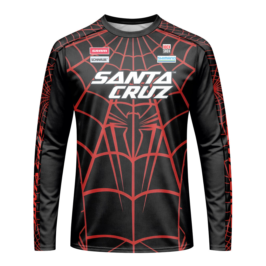 Personalized Santa Cruz Spider Web Black Red Youth Long Sleeve Mountain Bike Jersey – Front View Mockup