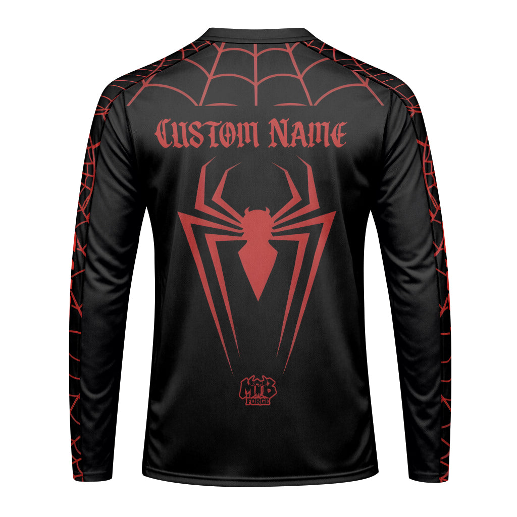 Personalized Santa Cruz Spider Web Black Red Youth Long Sleeve Mountain Bike Jersey – Back View Mockup