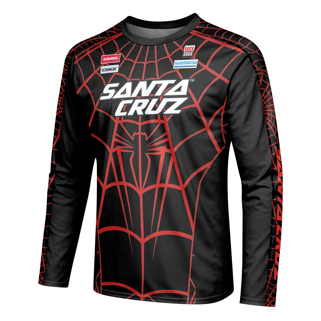 Personalized Santa Cruz Spider Web Black Red Youth Long Sleeve Mountain Bike Jersey – Left Side View Mockup