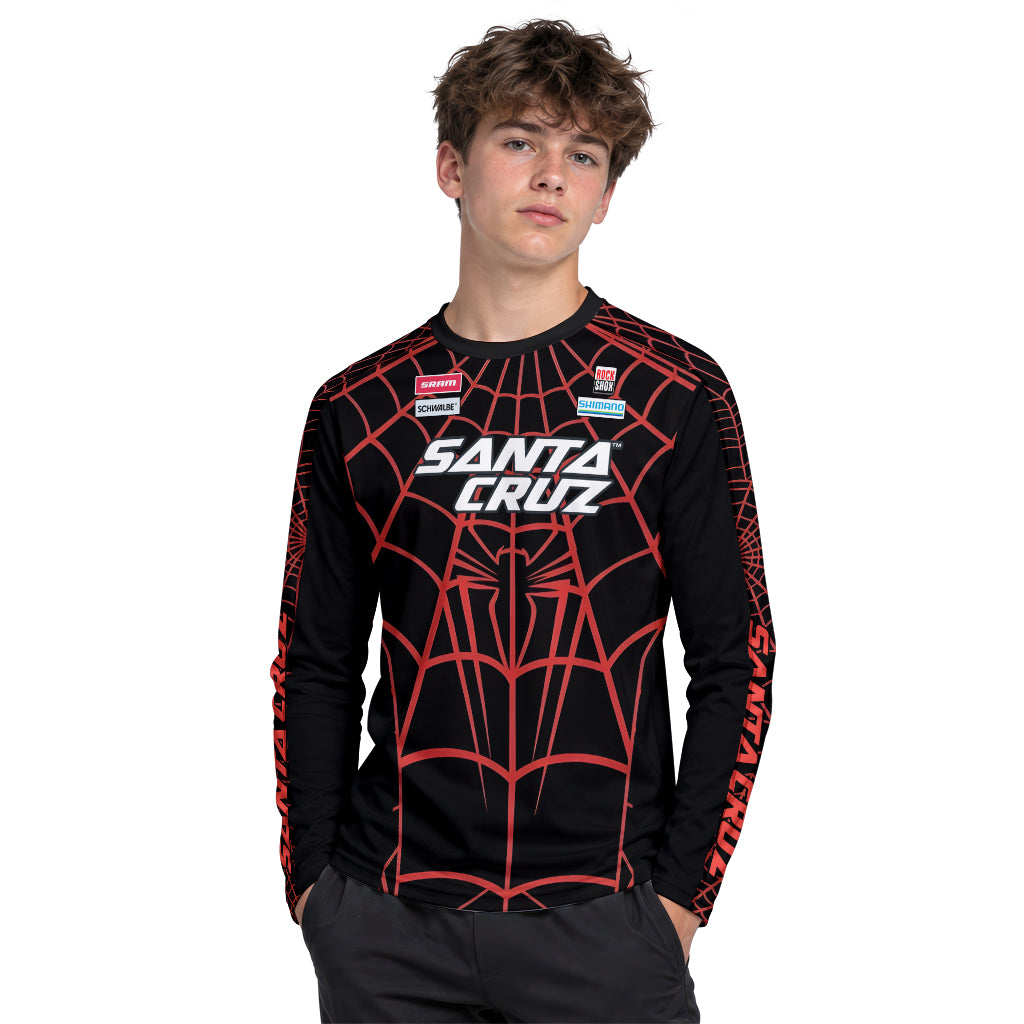 Personalized Santa Cruz Spider Web Black Red Youth Long Sleeve Mountain Bike Jersey – Boy Lifestyle View