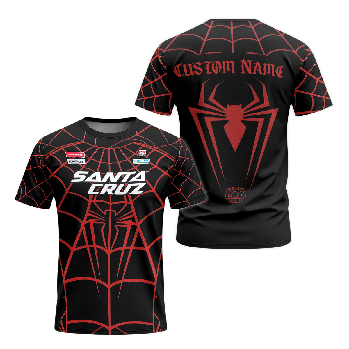 Personalized Santa Cruz Spider Web Black Red Youth Short Sleeve Mountain Bike Jersey – Front and Back View