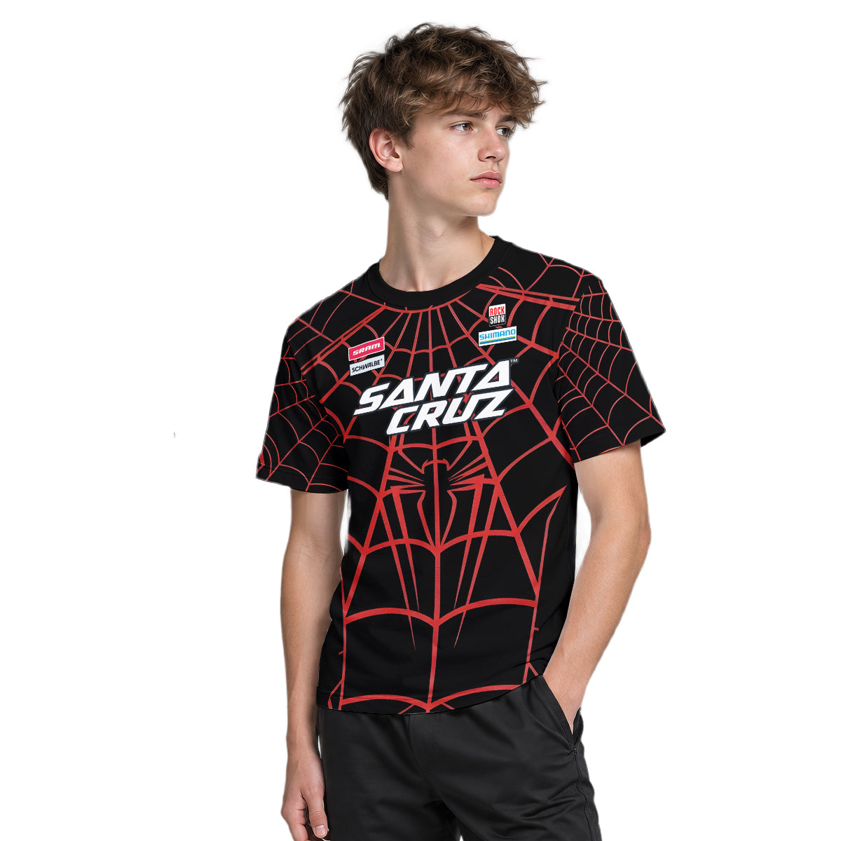 Personalized Santa Cruz Spider Web Black Red Youth Short Sleeve Mountain Bike Jersey – Boy Lifestyle View