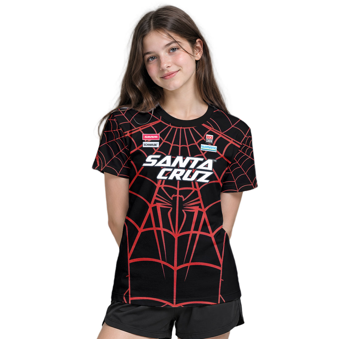 Personalized Santa Cruz Spider Web Black Red Youth Short Sleeve Mountain Bike Jersey – Boy Lifestyle View
