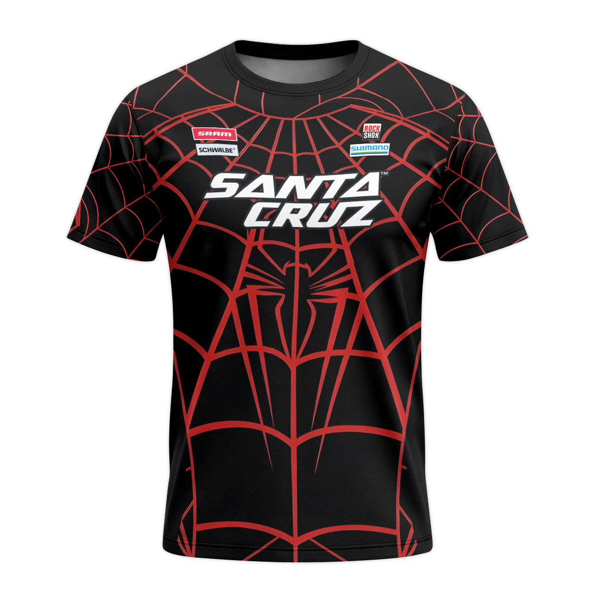Personalized Santa Cruz Spider Web Black Red Youth Short Sleeve Mountain Bike Jersey – Front View Mockup
