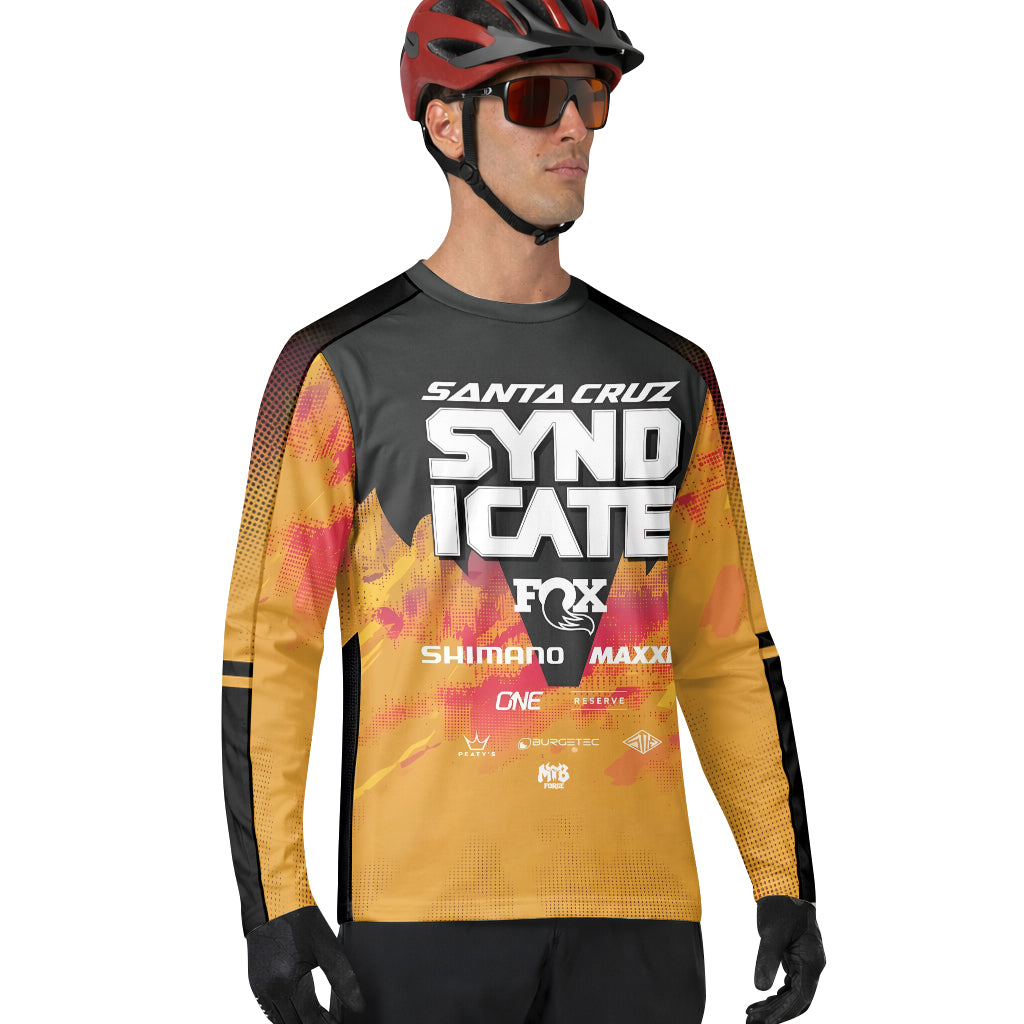 Personalized Santa Cruz Syndicate Orange Black Long Sleeve Mountain Bike Jersey – Lifestyle View