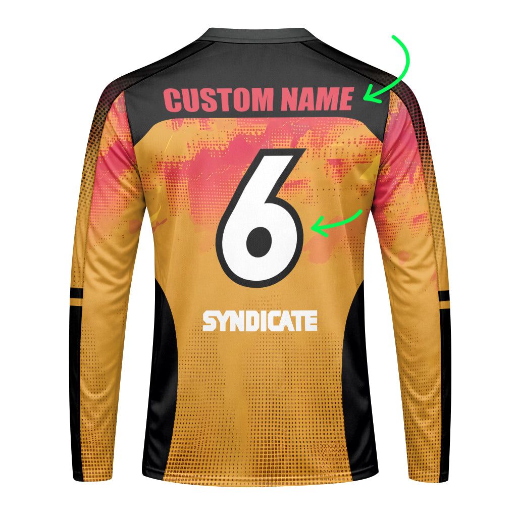Personalized Santa Cruz Syndicate Orange Black Long Sleeve Mountain Bike Jersey – Back View Mockup