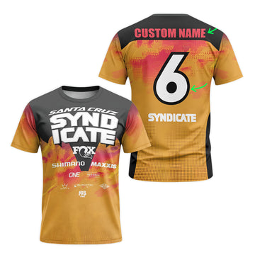 Personalized Santa Cruz Syndicate Orange Black Short Sleeve Mountain Bike Jersey – Front and Back View