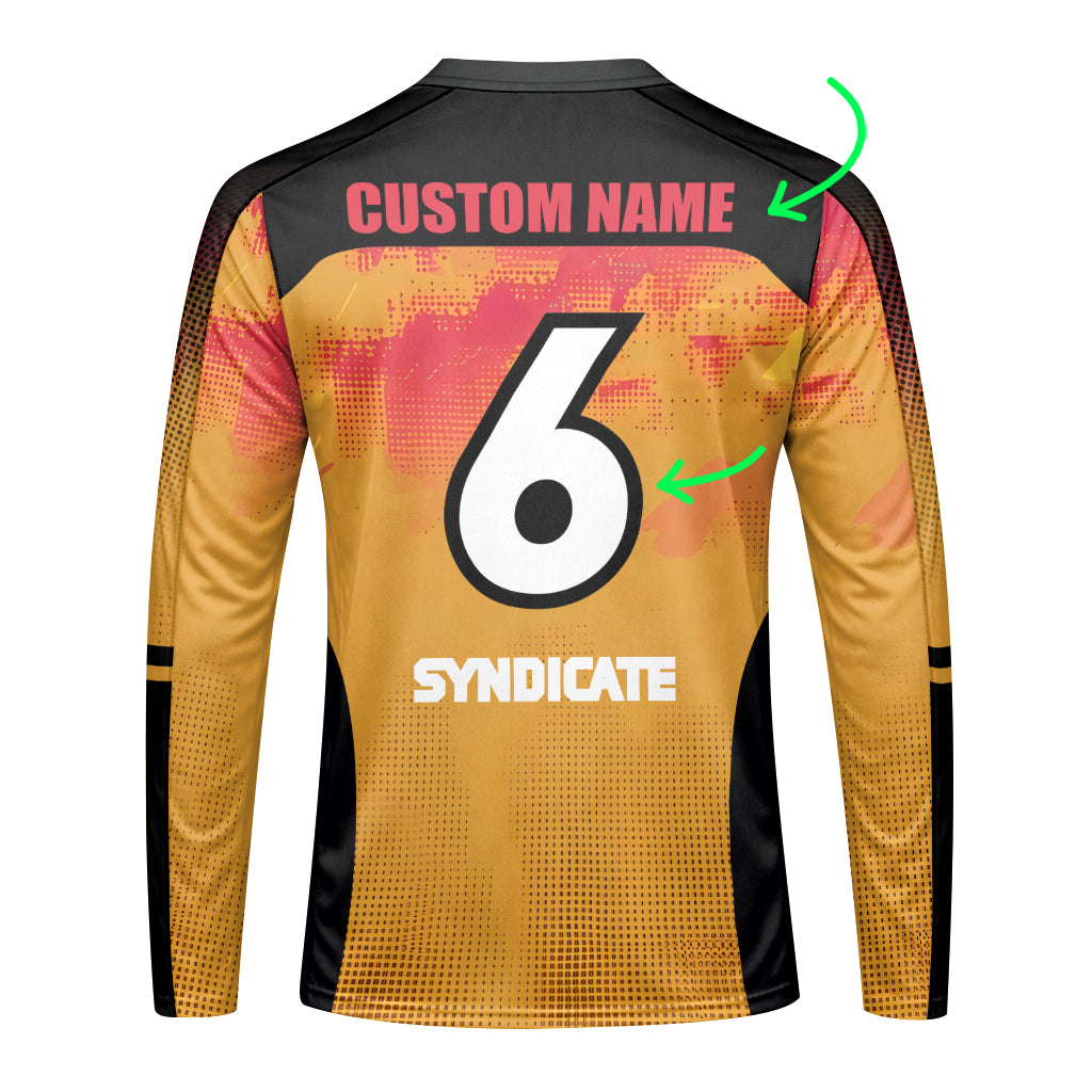 Personalized Santa Cruz Syndicate Orange Black Youth Long Sleeve Mountain Bike Jersey – Back View Mockup
