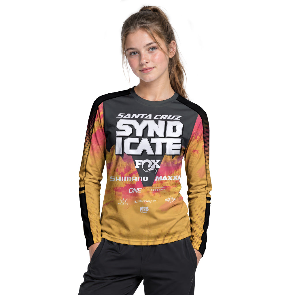 Personalized Santa Cruz Syndicate Orange Black Youth Long Sleeve Mountain Bike Jersey – Girl Lifestyle View
