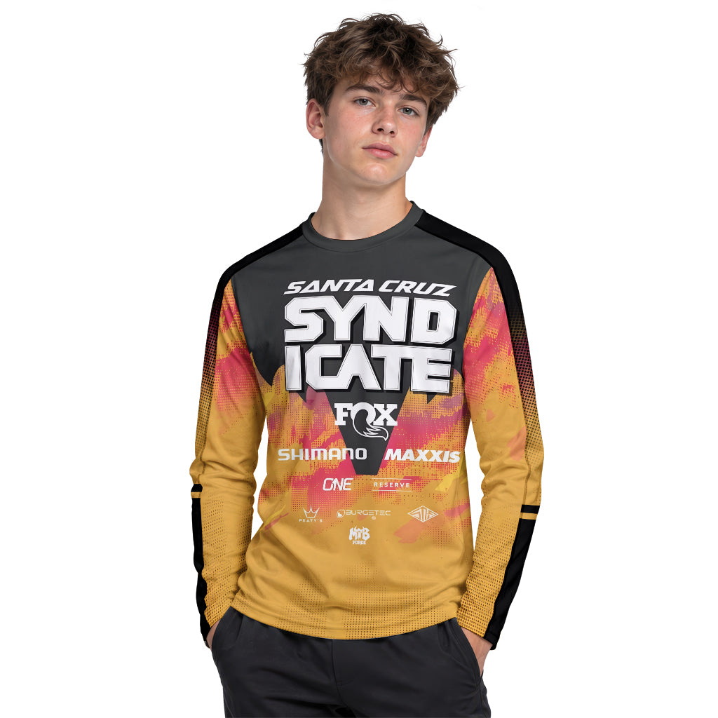 Personalized Santa Cruz Syndicate Orange Black Youth Long Sleeve Mountain Bike Jersey – Boy Lifestyle View