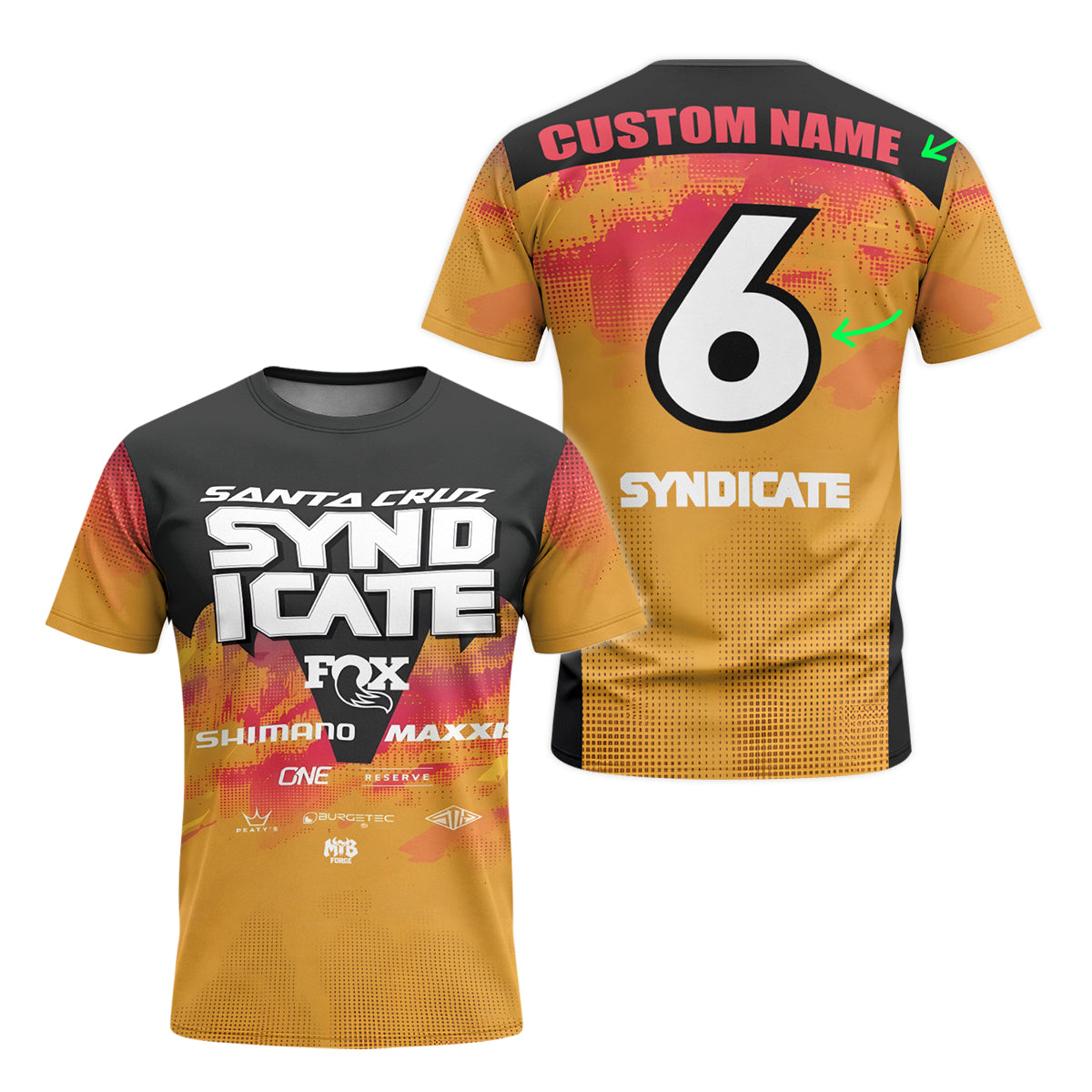 Personalized Santa Cruz Syndicate Orange Black Youth Short Sleeve Mountain Bike Jersey – Front and Back View