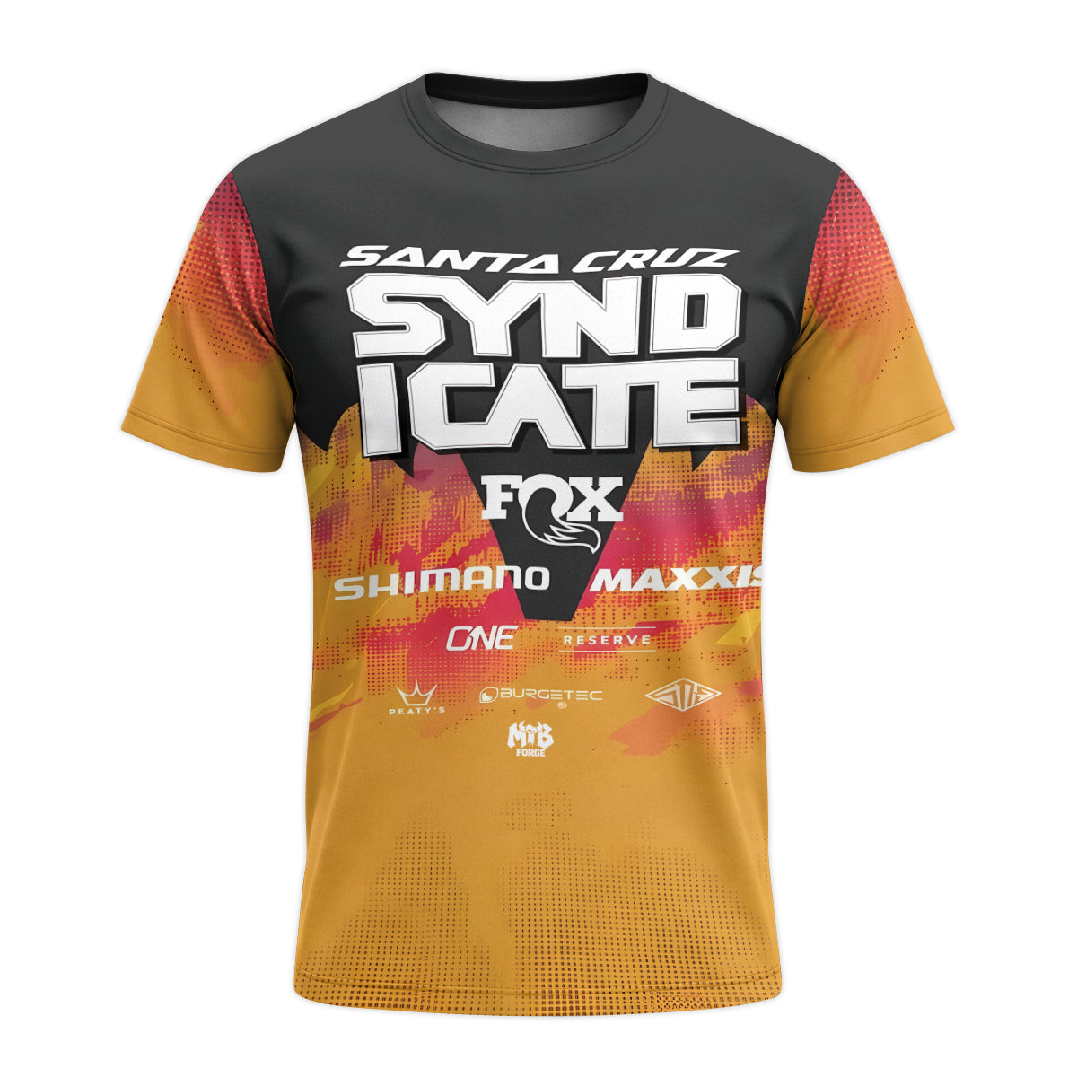 Personalized Santa Cruz Syndicate Orange Black Youth Short Sleeve Mountain Bike Jersey – Front View Mockup