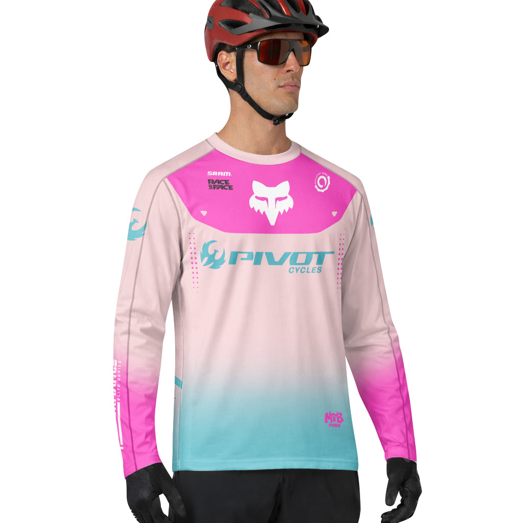 Pivot Cycles Fox Pink Aqua Long Sleeve Mountain Bike Jersey - lifestyle view