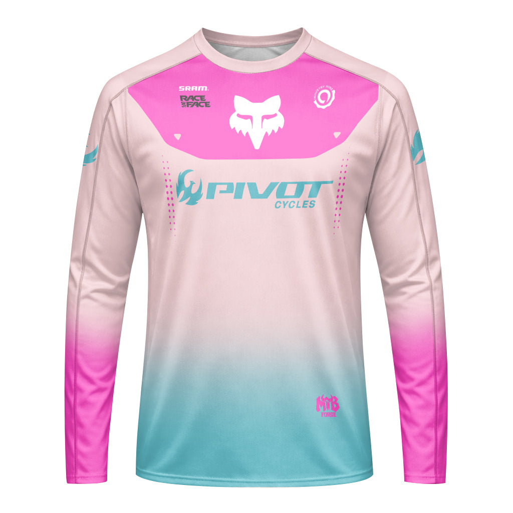 Pivot Cycles Fox Pink Aqua Long Sleeve Mountain Bike Jersey - front view mockup