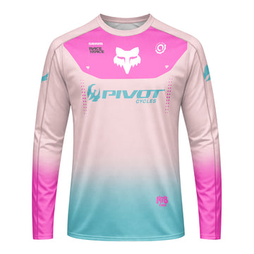 Pivot Cycles Fox Pink Aqua Long Sleeve Mountain Bike Jersey - front view mockup