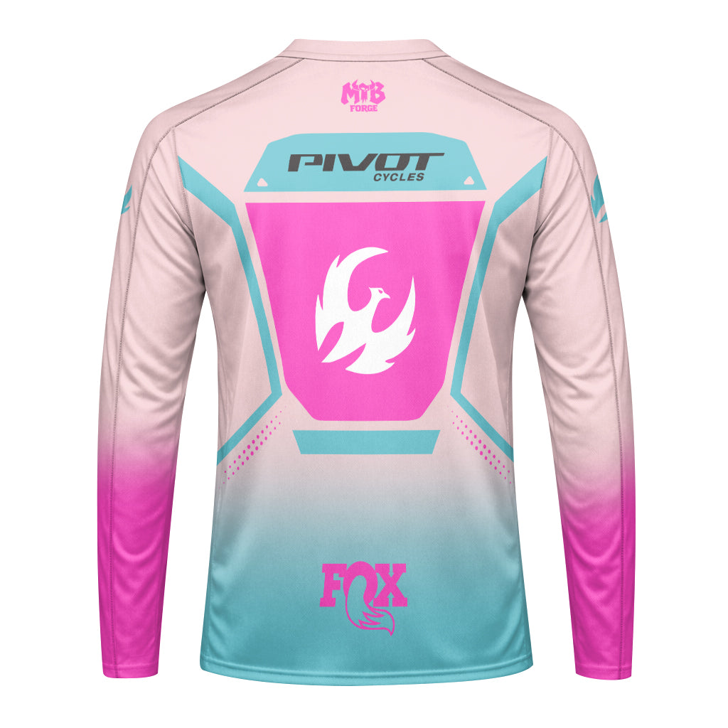 Pivot Cycles Fox Pink Aqua Long Sleeve Mountain Bike Jersey - front view mockup