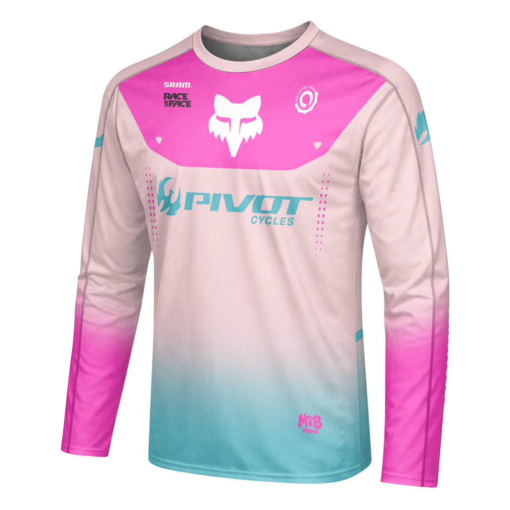 Pivot Cycles Fox Pink Aqua Long Sleeve Mountain Bike Jersey - left side mockup