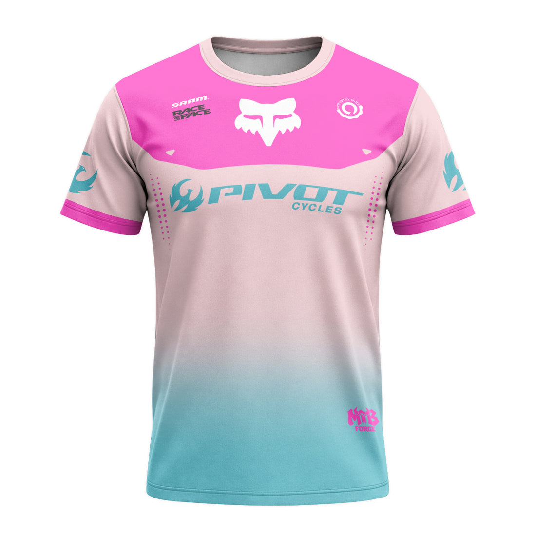 Pivot Cycles Fox Pink Aqua Short Sleeve Mountain Bike Jersey - front and back view