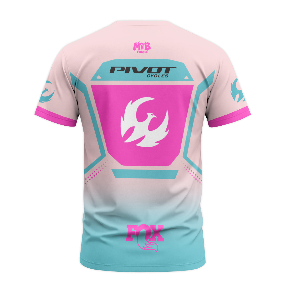 Pivot Cycles Fox Pink Aqua Short Sleeve Mountain Bike Jersey - back view mockup