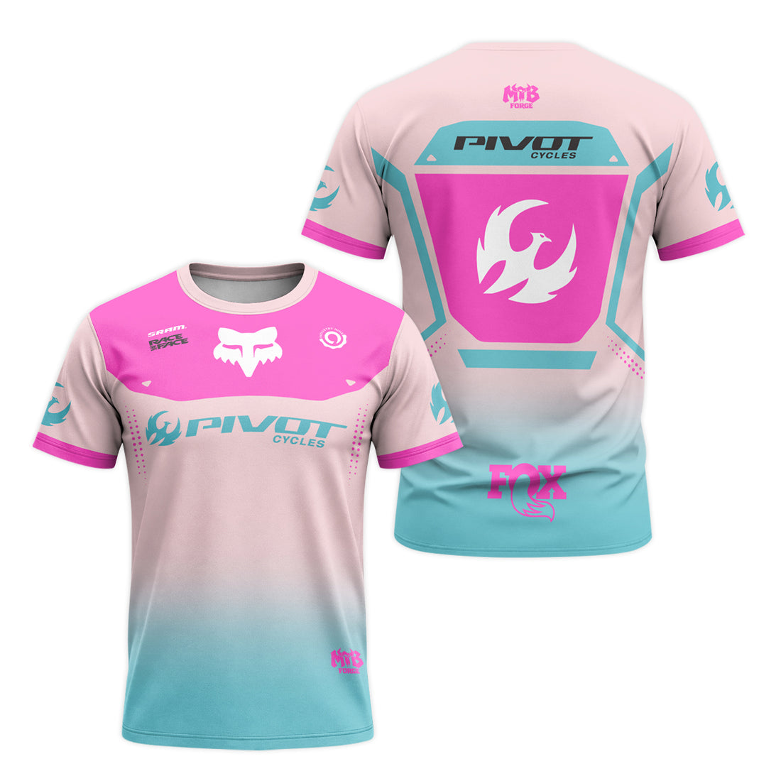 Pivot Cycles Fox Pink Aqua Short Sleeve Mountain Bike Jersey - front and back view
