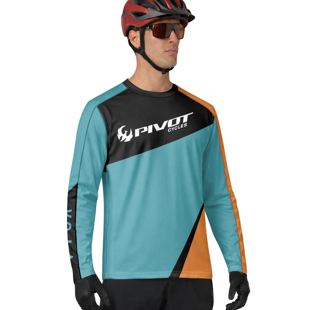 Pivot Cycles Teal Orange Factory Race Long Sleeve Mountain Bike Jersey - lifestyle view
