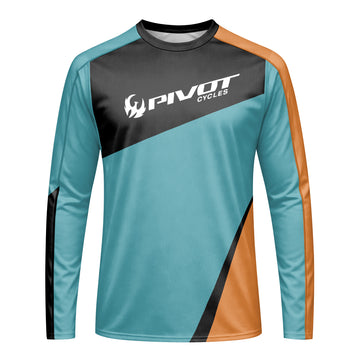 Pivot Cycles Teal Orange Factory Race Long Sleeve Mountain Bike Jersey - front view mockup