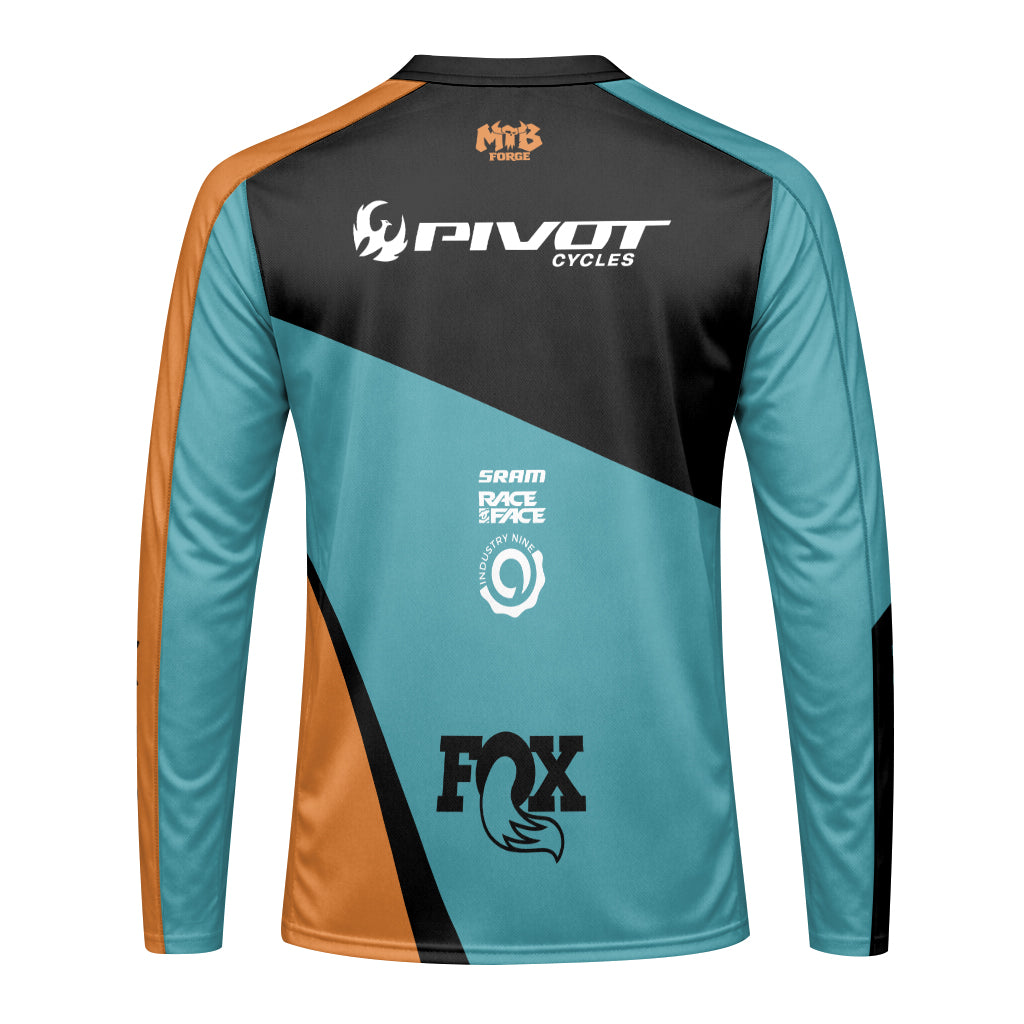 Pivot Cycles Teal Orange Factory Race Long Sleeve Mountain Bike Jersey - back view mockup