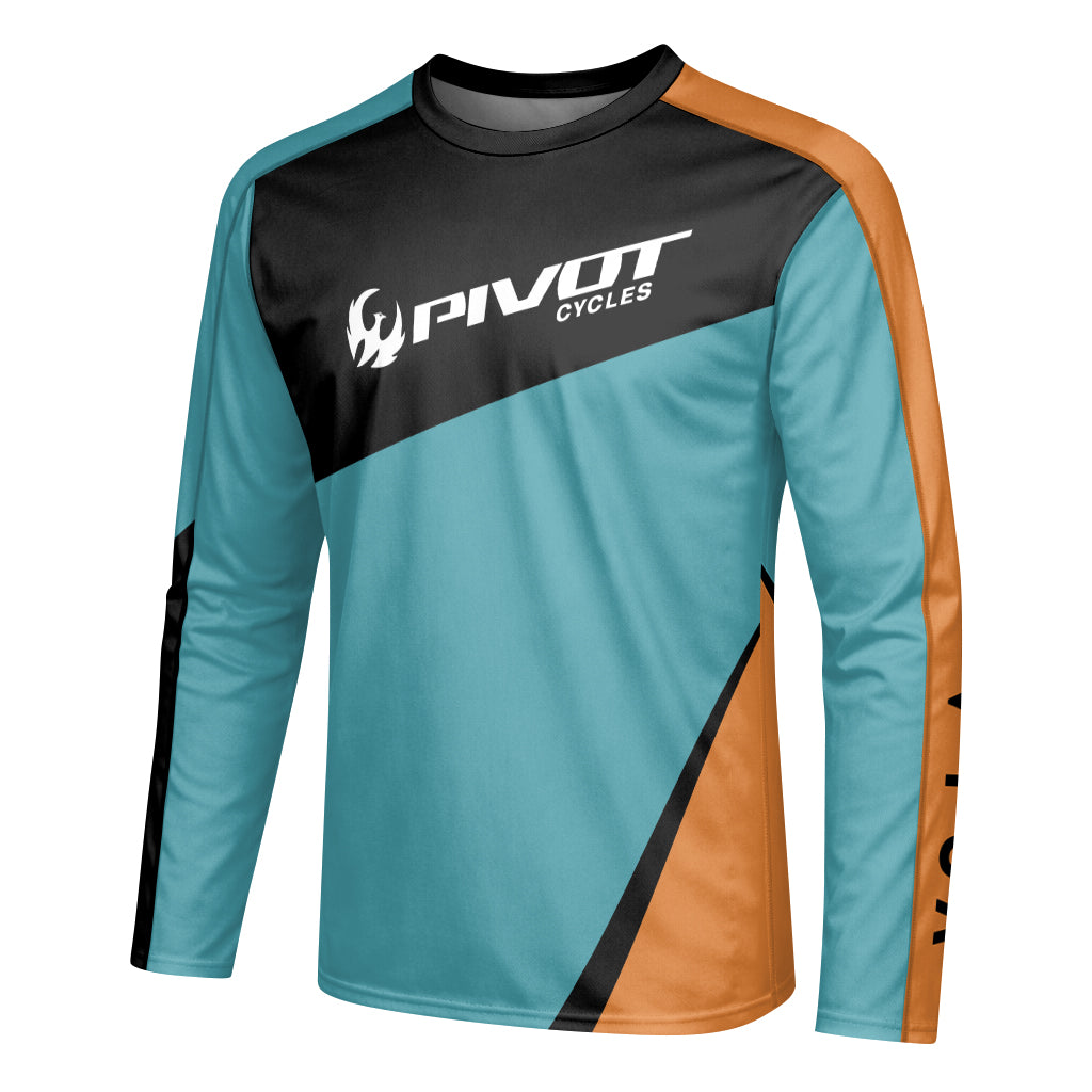 Pivot Cycles Teal Orange Factory Race Long Sleeve Mountain Bike Jersey - left side mockup