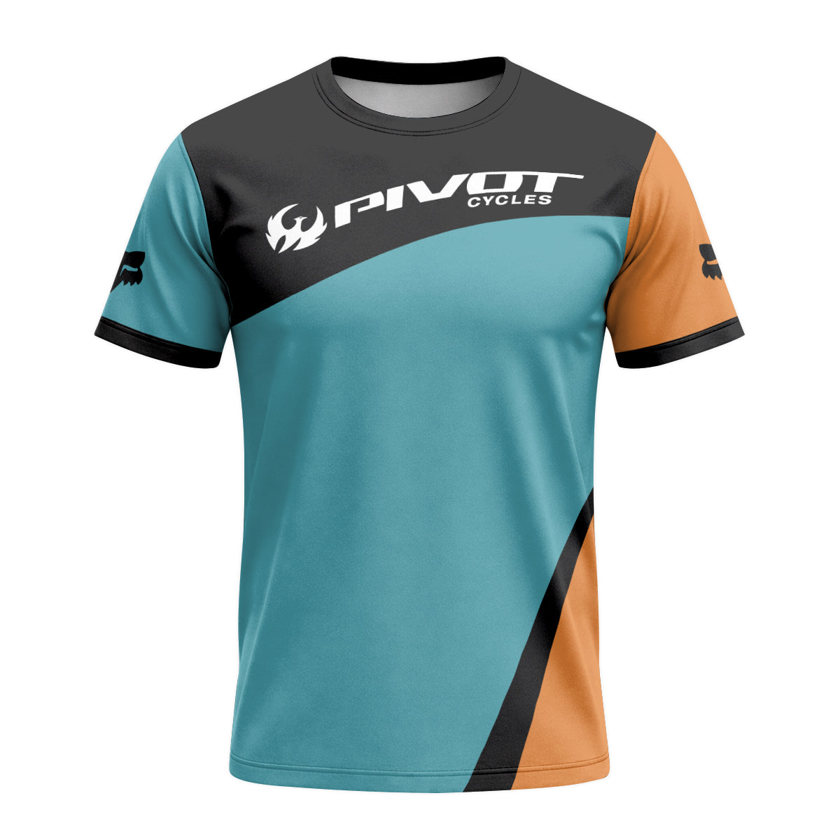 Pivot Cycles Teal Orange Factory Race Short Sleeve Mountain Bike Jersey - front view mockup