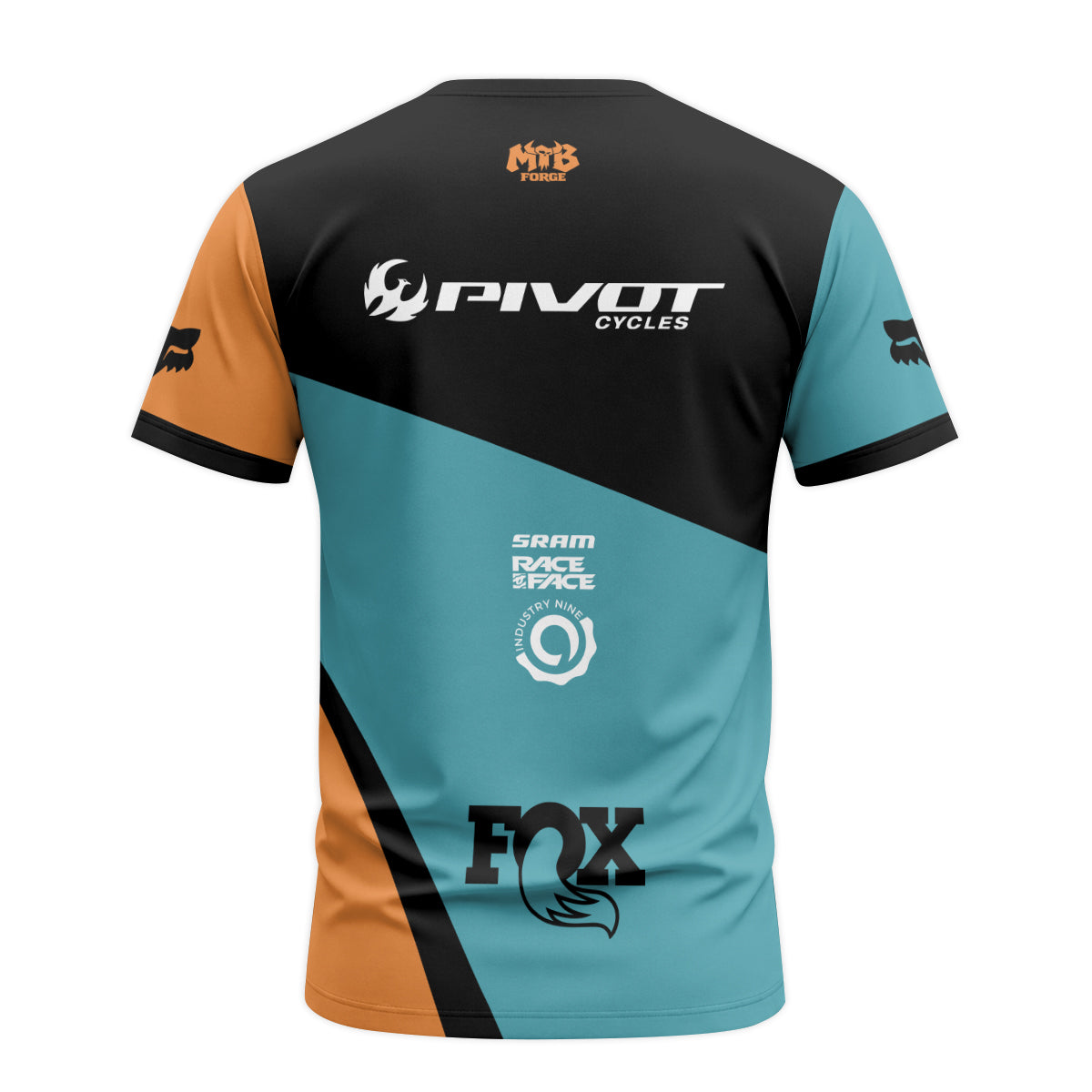 Pivot Cycles Teal Orange Factory Race Short Sleeve Mountain Bike Jersey - back view mockup
